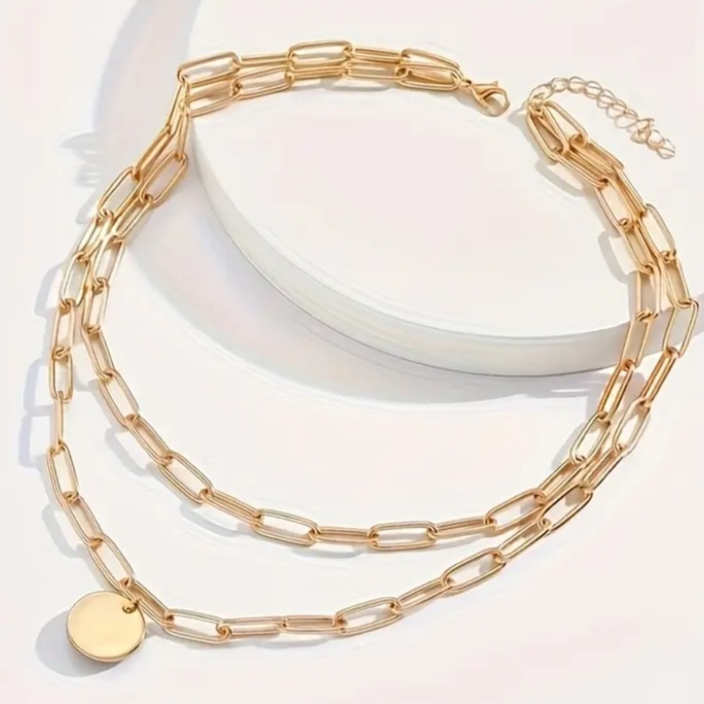 Trendy Circle Paperclip Gold Toned Layered Necklace - Picture 4 of 4